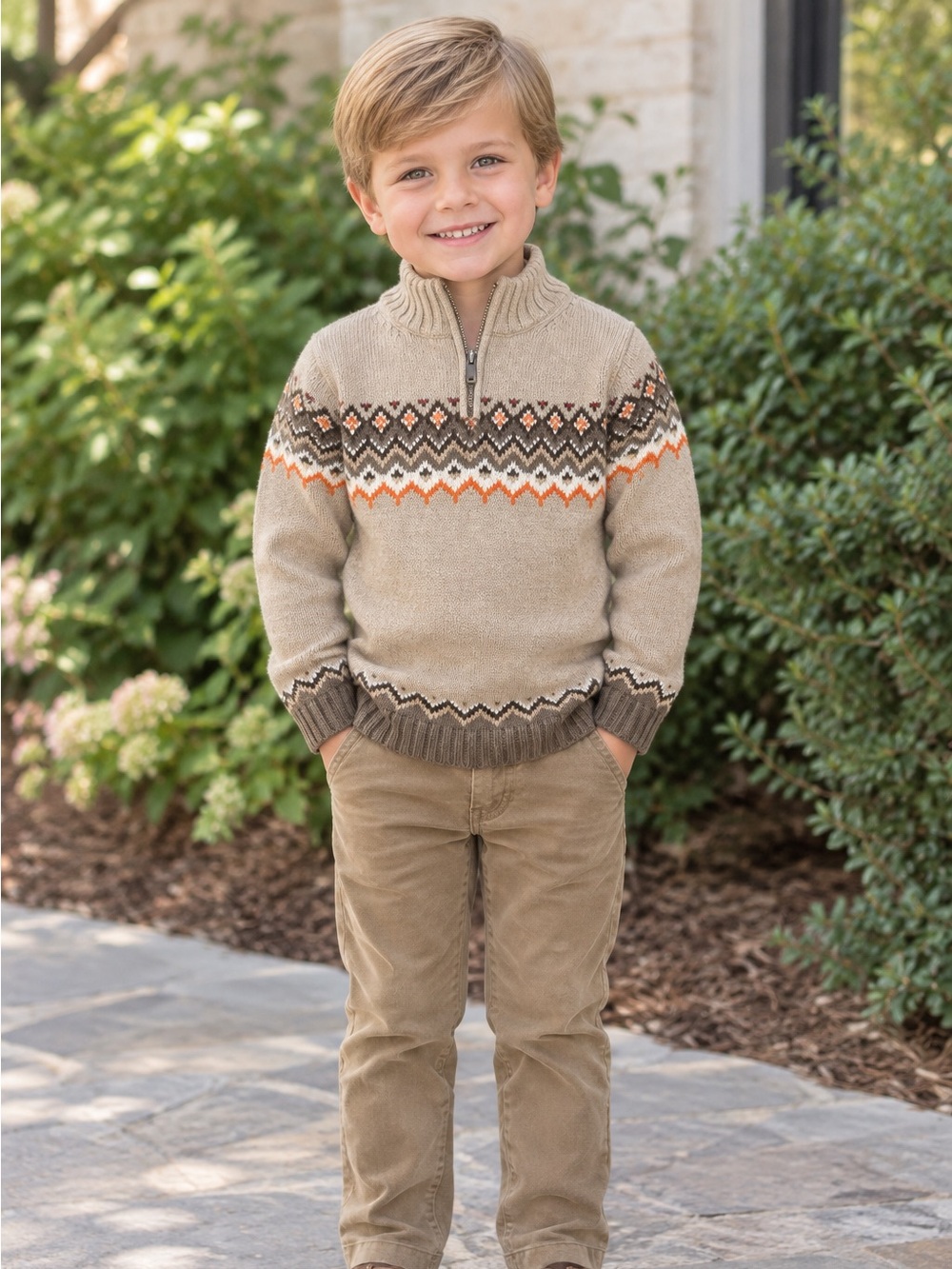Janie and Jack 3 Neutral Fair Isle Half-Zip Harvest Sweater